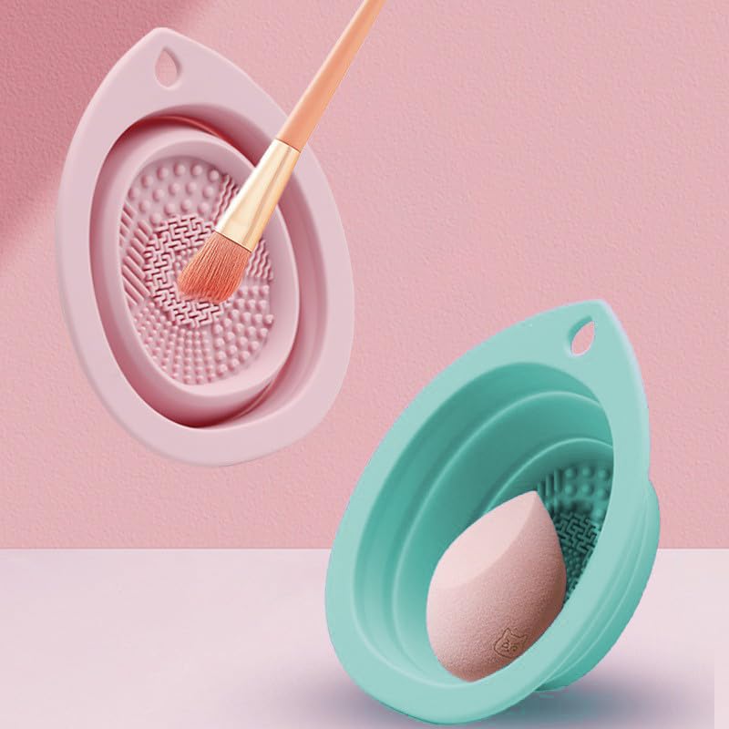 Foldable silicone makeup brush cleaning pad and foldable cleaning bowl 2-in-1 brush scrubber, suitable for brushes and sponges, easy to clean and dry quickly, portable cosmetic toolsl-Mint color