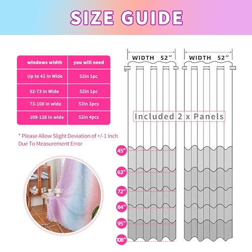 Image of 52x45 2-in-1 Double-Layer Kids & Girls Unicorn Princess Ombre Blackout Curtains with Foil Print Sheer, 2 Panels Set - Purple Blue Pink
