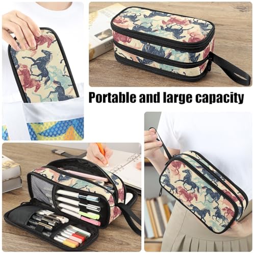 Image of Fustylead Retro Colorful Running Horse Silhouette Large Pencil Pen Case Stationery Bag 3 Compartments School College Office Organizer
