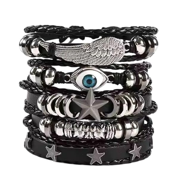 THE MEN THING Set of 5 Genuine Leather Adjustable Bracelets for Men & Boys – 8 Inch