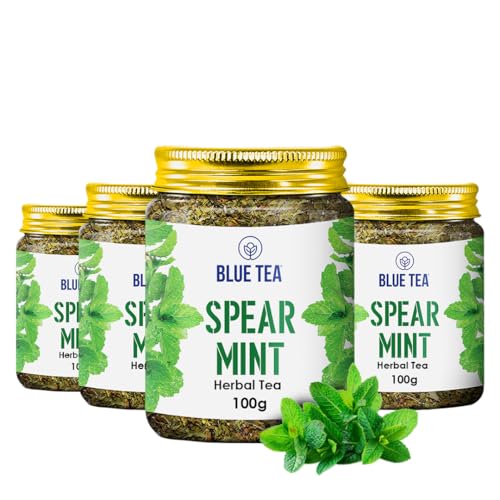 Image of BLUE TEA - Spearmint Herbal Tea - 100 gm -100 Cups (Pack of 4) | Pcos Relief | Balances Hormones, Reduces Facial Hair & Acne and Supports Digestion | Herbal Tea - Dried Loose Leaf - Caffeine Free | Reusable Pet Jars
