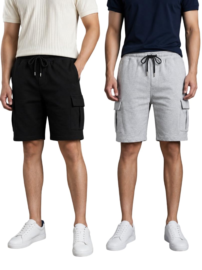 alza Men's Cotton Cargo Shorts Combo Pack of 2 | Black & Grey Solid Casual Sweat Shorts | Regular Fit Drawstring Elastic Waist | 5 Pocket Gym Workout Jogger Running Lounge Sports Shorts-picture-22