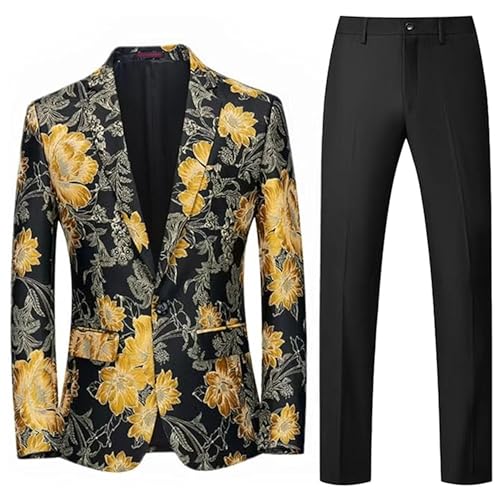2 Piece Floral Dress Suit for Men Luxury Printed Wedding Blazer Button Dinner Tuxedo Jacket Pants Set