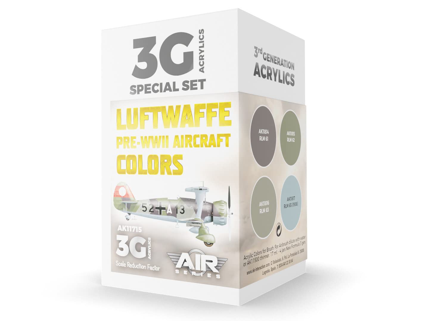 Ak Interactive Rlm 65 (1938), Rlm 63, Rlm 62, Rlm 61 Luftwaffe Pre-Wwii Aircraft Colors 3Gen Paint Set