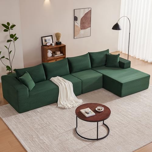 Image of Mangodan 140 inch Cloud Sectional Couch, Boneless Sofa for Living Room, Modular Sectional Sofa with Deep Seat, Comfy Fluffy L-Shaped Couch with Right-Facing Chaise, No Assembly Required, Green