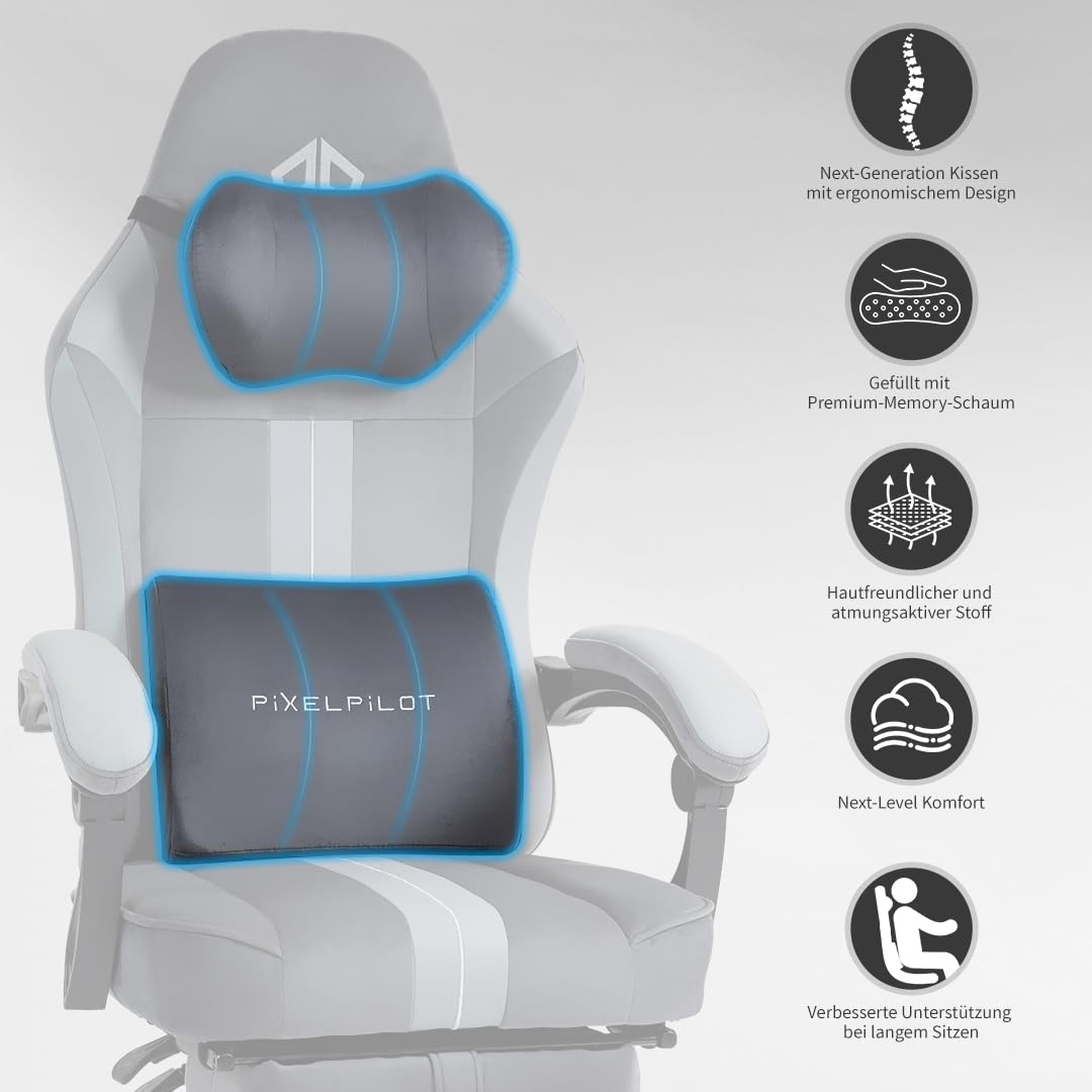 PixelPilot Chaise de jeu ergonomique avec repose-pieds, tissu respirant, chaise de bureau gamer avec appui-tête, soutien lombaire, large assise, 150 kg (gris)
