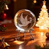 ZEERSHEE 60mm Glass Peace Dove Ball Laser Etched Dove with Olive Branch Crystal Pigeon Ornament with Stand Decor for Home Table