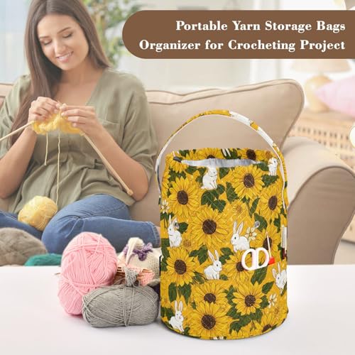 Image of ElliTarr Crochet Bag Yarn Bag with Handle Portable Knitting Project Bag Travel Yarn Storage Organizer Holder Case Autumn Sunflower and Cute Rabbit