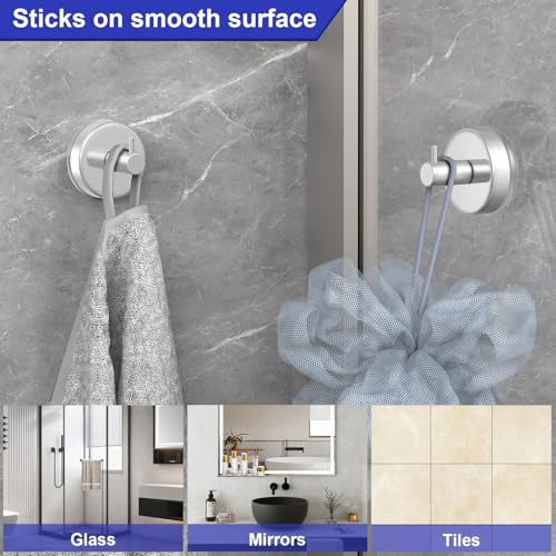 Image of HUFEEOH Suction Cup Hooks for Shower, 4 Pack Removable Towel Holder Wall Hooks for Inside Shower, No Drill Towel Hooks for Bathroom Hanger Wall Mount (Silver)