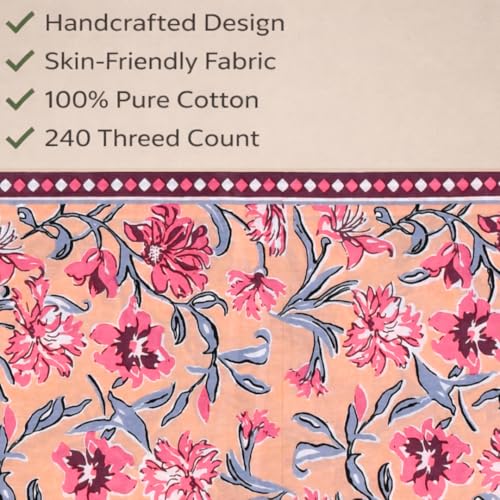Image of elanorhomes 100% Cotton 240 TC Single Bed Sheet Set | Floral Hand Printed Bedsheet with Pillow Cover | Soft Breathable Fabric for Bedroom | 60x90 Inches (Blush Garden)