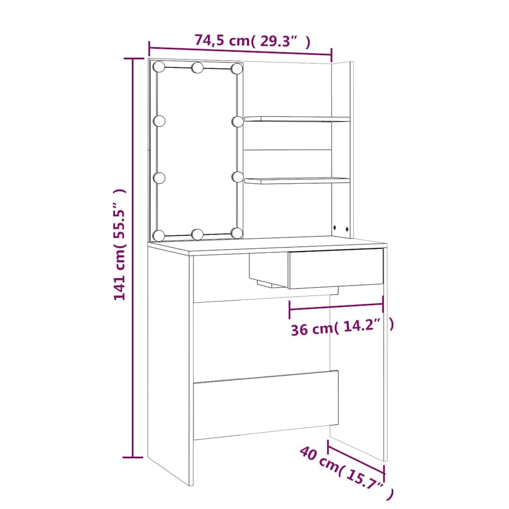 Tocador con iluminación LED gris Sonoma 74,5 x 40 x 141 cm con espejo cajón y estante, espacio de almacenamiento para dormitorio, habitación juvenil o niña