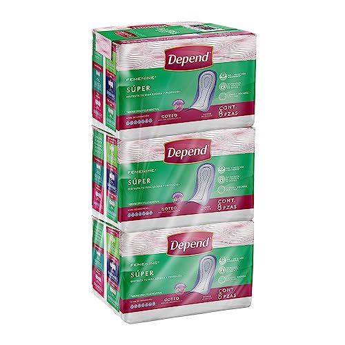 Cuidado Femenino, Drugstore Depend Femenine Toalla para Incontinencia Súper, Paquete con 24 Piezas (3 paquetes de 8 toallas c/u), Tecnología 2en1: absorbe orina y flujo menstrual