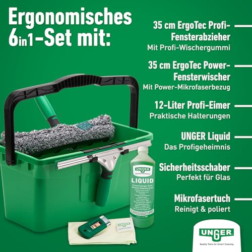 Unger AK015 zestaw do czyszczenia okien (myjka do okien, część nośna, pokrowiec z mikrofibry, wiadro 18 l, środek czyszczący, skrobak, ściereczka do szyb o szerokości 35 cm