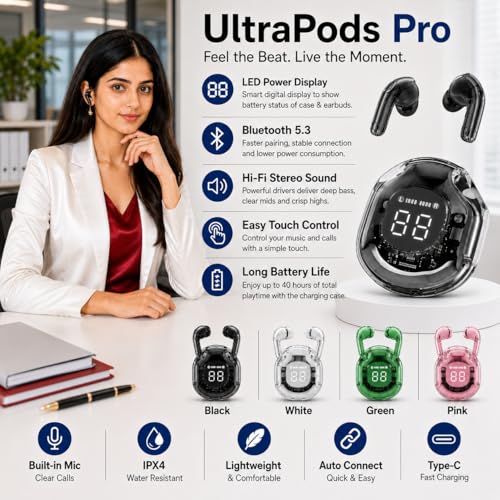 Image of UltraPods Pro Wireless Earbuds, Bluetooth 5.3 Auto Pairing, Compatible with iPhone and Android Phones (Random Colour)