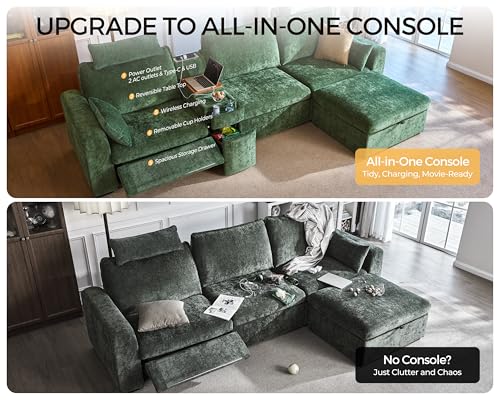 Image of 134 inch Modular Power Reclining Sectional 5 Seater L-Shaped Couch, Chenille | Oversized Cloud, Console Table, Charging, Storage, Wall Hugger, Headrest, Washable Cover, for Home Theater Living Room, Green
