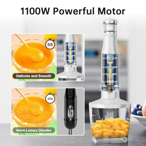 Image of Turelar Immersion Blender Handheld Corded Hand Blenders Set 1100W, Trigger Variable Speed 5 in 1 Stick Emulsifier with Chopper, Whisk and Frother for Soup, Baby Food and Smoothies, White