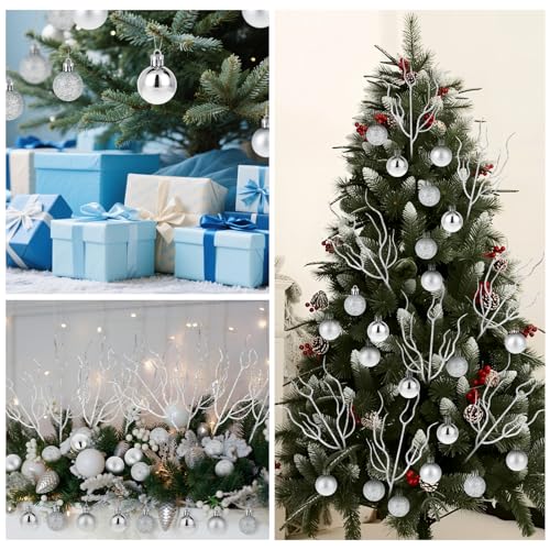 Decoración costera plateada para árbol de Navidad con ramas de brillo de 13" y bolas, 32 uds. 7
