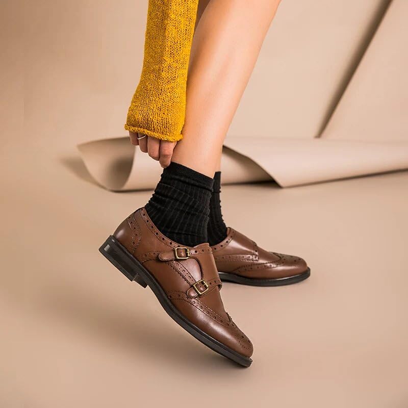 Genuine Leather Monk Strap Brogue Flats3