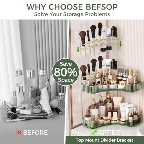 Image of BEFSOP Corner Bathroom Counter Organizer, Upgraded 2-Tier Makeup Organizer Countertop with Makeup Brush Holder, Skincare Exquisite Vanity Organizers Countertop Bathroom Storage Dresser(Green)