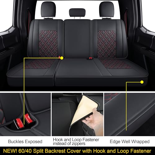 Image of LUCKYMAN CLUB F150 Full-Set Seat Covers J03-Q3 with Waterproof Faux Leather, Fit 2015-2025 Ford F150 and 2017-2025 F250 F350 F450 (Full Set, Black-Red)