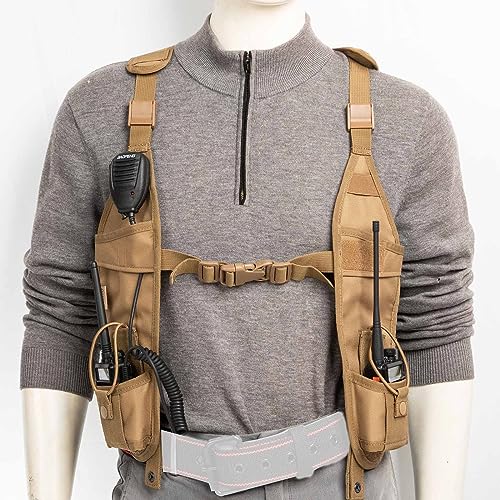 LUITON Radio Shoulder Harness Holster Chest Holder Universal Vest Rig for Police Firefighter Two Way Radio Search Rescue Essentials (Khaki)