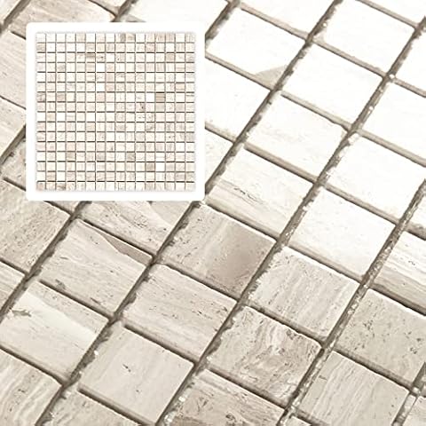 Midcard 6 Sheets White Wood Grain Marble Square Mosaic backsplash Tiles, Polished Shower Room Floor and Wall Tiles Cover