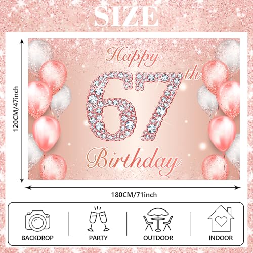Image of Happy 67th Birthday Rose Gold Banner Cheers to 67 Years Old Backdrop Confetti Balloons Theme Decor for Women 67 Years Old Pink Birthday Party Decorations Bday Supplies Background Favors Gift Glitter