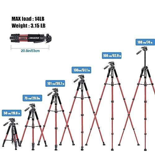 ZOMEi 188 cm Tripod Heavy Duty Tall Tripod Stand, Professional Travel Video Tripod Compatible with DSLR Cameras - Image 3