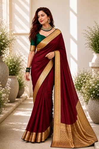 Image of Women's Glory Satin Silk Saree Plain Soft Shiny Elegant Party Traditional Ethnic