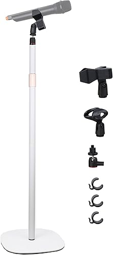 Soporte de micrófono de suelo con base pesada, altura ajustable de 18 a 63 pulgadas, soporte para canto con soporte para micrófono, clips para cable