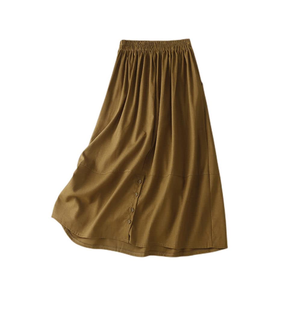 Rock Damen,Damen Maxirock Schwarz Elastische Taille Baumwolle Leinen Knopf Faltenrock Einfarbig Mit Taschen A-Linie Geraffte Lässige Lange Röcke Für Mädchen Damen,L