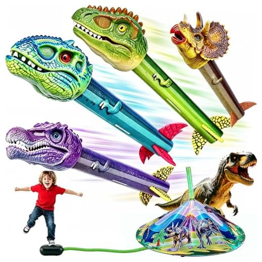 Dinosaur Rocket Launcher for Kids - Launch Up to 100 Ft, 4 Dinosaur Rockets, Outdoor Outside Toys for Kids, Dinosaur Toys, Birthday Toys for 3 4 5 6 7 Year Old Boys Girls