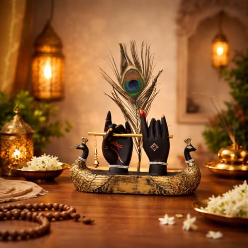 Image of Krishna Hand with Flute & Peacock Feather Idol for Home Decor Gift, Office & Living Room, Peacock Showpiece with Flute, Lord Laddo Gopal Figurine Murlidhar, Kanhaiya, Makhan Chor, Diwali Decoration