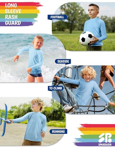 Boys Swim Shirts Long Sleeve Rash Guard Sun Shirts UPF50+ Rashguard T Shirts Swimwear Fishing Water ShirtsQuick Dry Cool Beach Shirtfor Youth Kids Milk Blue Size 14-16