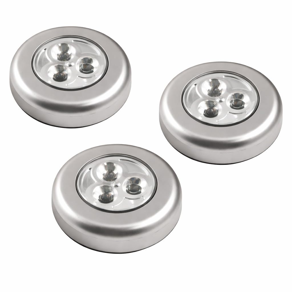 Marco Paul LED Touch Lights Set of 3 – Battery Operated Stick-On Push Lights, Peel & Stick Wall Lights for Kitchen, Wardrobe, Garage, Hallway & Cabinets, Silver