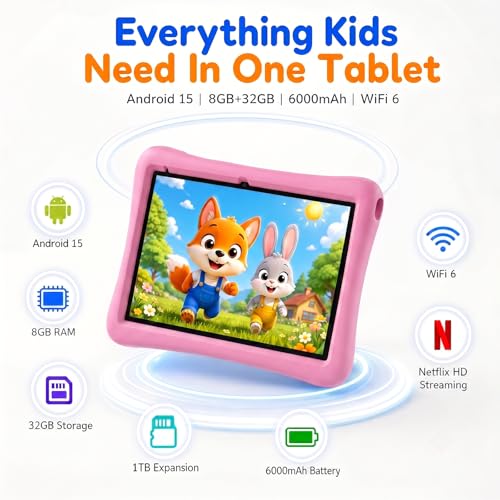 Image of Kids Tablet 10 Inch Android Tablet for Kids Comes with a Shock-Resistant Protective Case, 8GB RAM 32GB ROM Tablets Supports 1TB MicroSD, 6000mAh Battery Dual Cameras 5G Wifi6 Android Tablets with Case