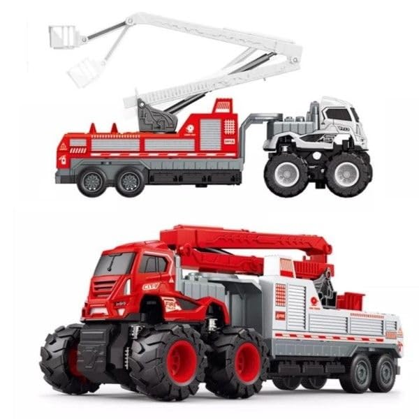 Image of Friction Powered Fire Safety Transport Truck for Kids Boys Girls Die cast Alloy Fire Rescue Truck with Rotating Ladder Crane Toy Pull Back Vehicle Miniature Car Gift (Pack of 1, Multicolor)
