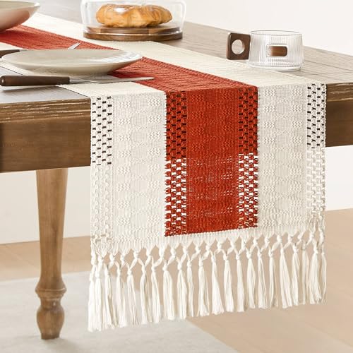 Image of ZeeMart Macrame Style Bicolor Stitching Table Runner, 14 x 36 Inch Orange /Ivory, Boho Burnt Orange Table Runners 36 Inches Long, Farmhouse Woven Home Decor