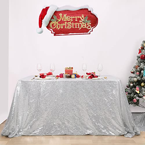 Image of B-COOL Glitter Tablecloth Silver Sequin Tablecloth Christmas 90x132 Inch Rectangle Sequin Overlay Sparkly Table Cloth Sequin Fabric for Wedding Table Decoration