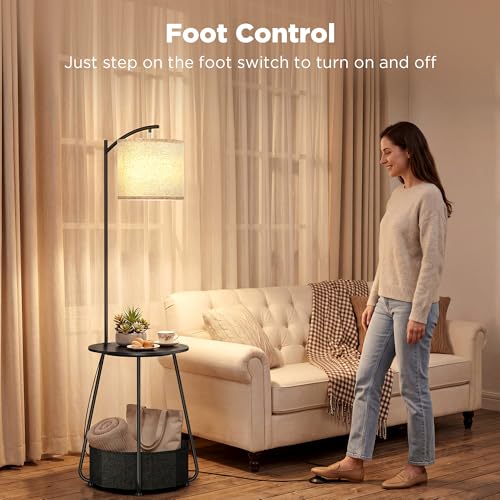 Image of LUTEC Floor Lamp with Table, Night Stand with Lamp, Round SideTable with Fabric Basket, 3 Color Temperatures 9W LED Bulb, Modern End Table for Bedroom, Living Room, Black