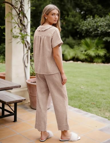 Image of Flygo Womens Gingham Pajamas Set Cotton 2 Piece Pj Set Scalloped Collar Babydoll Shirt Pants Plaid Y2K Lounge Sets
