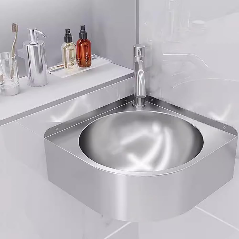 Lavello angolare triangolare in acciaio inox con rubinetto per montaggio a parete per cucina, bagno, lavanderia e uso in giardino