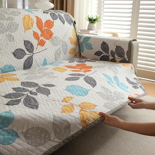Image of Printed Quilted Sofa Mat for 5 Seater (3+1+1) - Floral Design Slipcover with Armrest, Pockets on Both Sides, Fully Covered Sofa Protector - Orange Grey