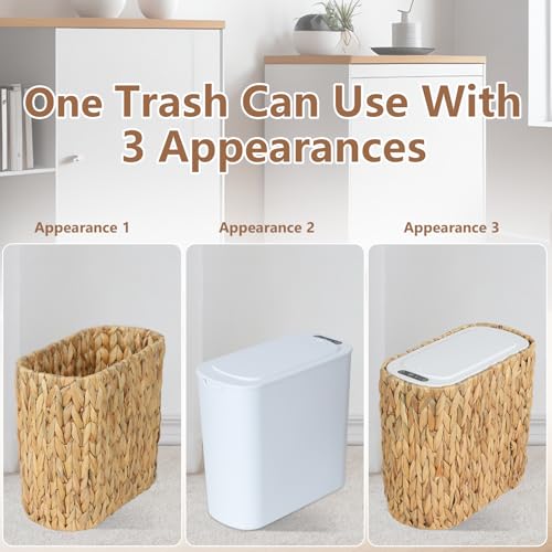Image of Trongee Boho Kitchen Trash Can with Lid,3.5 Gallon Automatic Small Rattan Trash Can,Slim Wicker Motion Sensor Garbage Can and Hamper 2 in 1 for Bathroom,Narrow Waste Basket for Office, Living Room