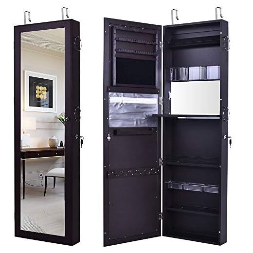 Jewelry Mirror Armoire Wall Mount Over The Door, Mirror Jewelry Cabinet Storage Organizer Locking (Brown)