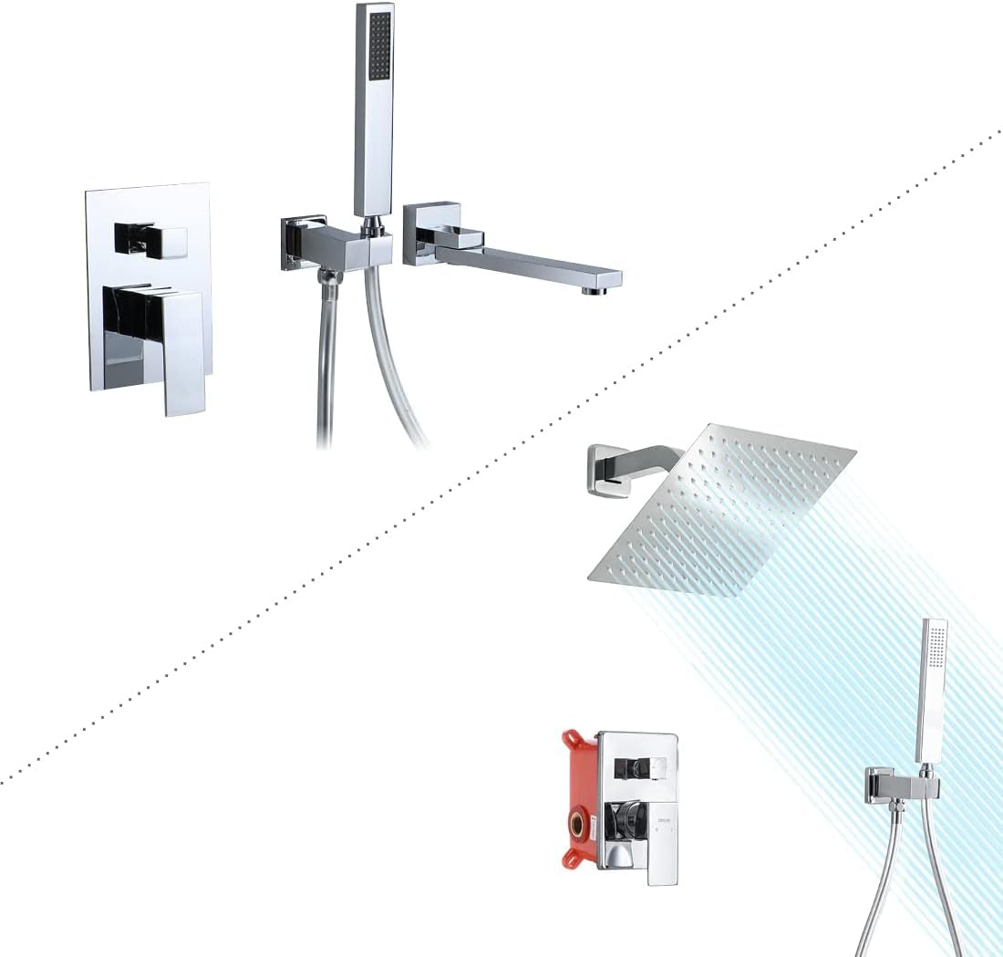 Wall Mounted Bathtub Faucet with Handheld Shower and Wall Mounted Rainfall Shower System Chrome