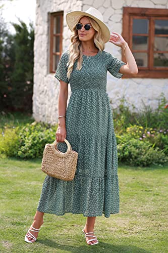 Image of BTFBM Women Casual Short Sleeve Crew Neck Summer Dress Bohemian Floral Printed Flowy Maxi Dresses Tiered Cocktail Dress