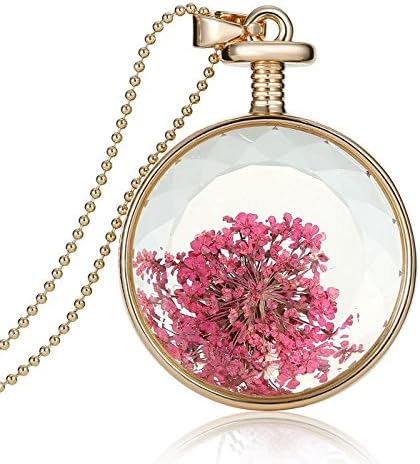 AOBILE(TM) pink Dried flower Transparent Glass Locket pendant necklaces Fashion Round Gold Plated memory locket necklace for women