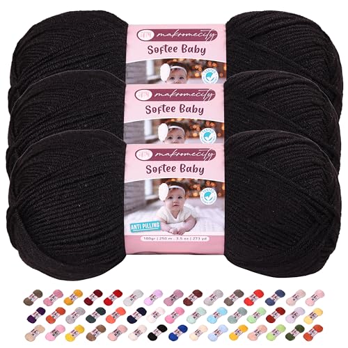 Image of 3 Skeins of Makromecity Softee Baby Yarn,%100 Premium Anti-Pilling Acrylic, 3.5 Oz, 273 yd (100gr /250 mt) Each, Soft Yarn for Crocheting and Knitting (Black, 3 Skeins)