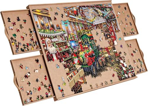 Becko US Puzzle Board with 4 Drawers, Jigsaw Puzzle Table with Fully Flannelette Covered, Portable Puzzle Board with Storage for 1000 Piece, with Frameless Design for Easy Sliding Finished Puzzles